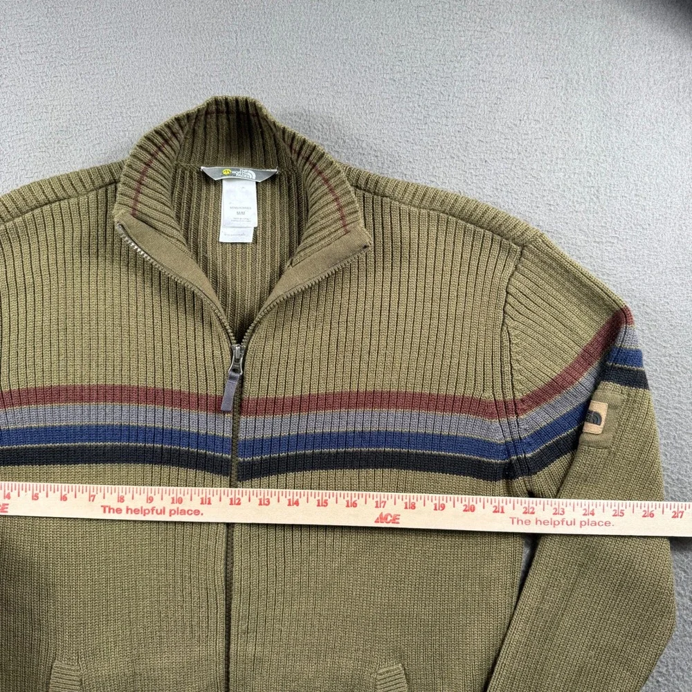 The North Face Full Zip Sweater Men M Green Striped Wool Blend A5 Series Hiking